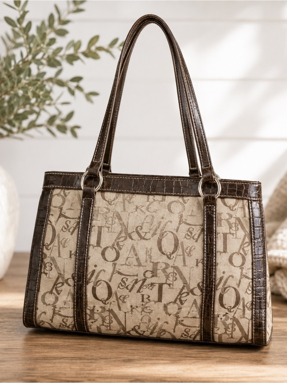 Sag Harbor Faux Brown Leather Purse Tan Letter Design